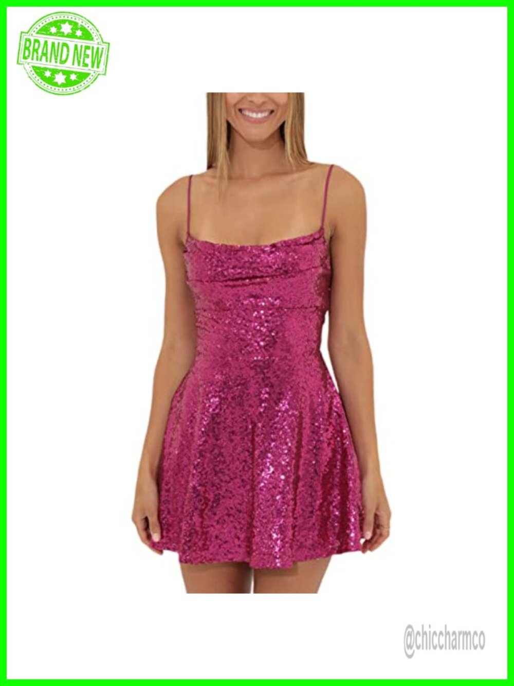 Sparkly Sequin Mini Dress Lace-Up Back Cowl Neck